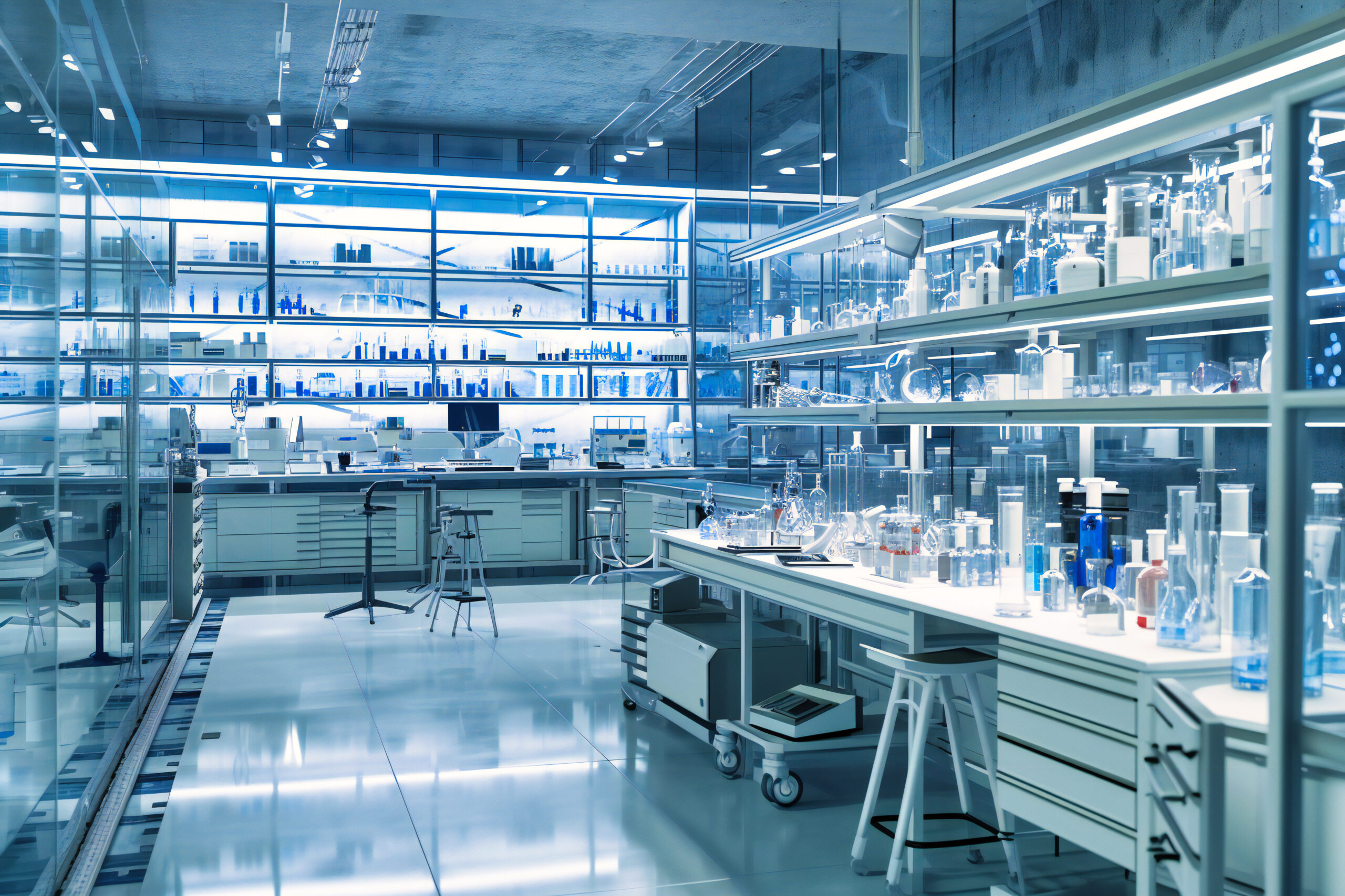 Science Laboratory Concept, Chemical Research Equipment, Blue Toned Medical or Biochemistry Lab